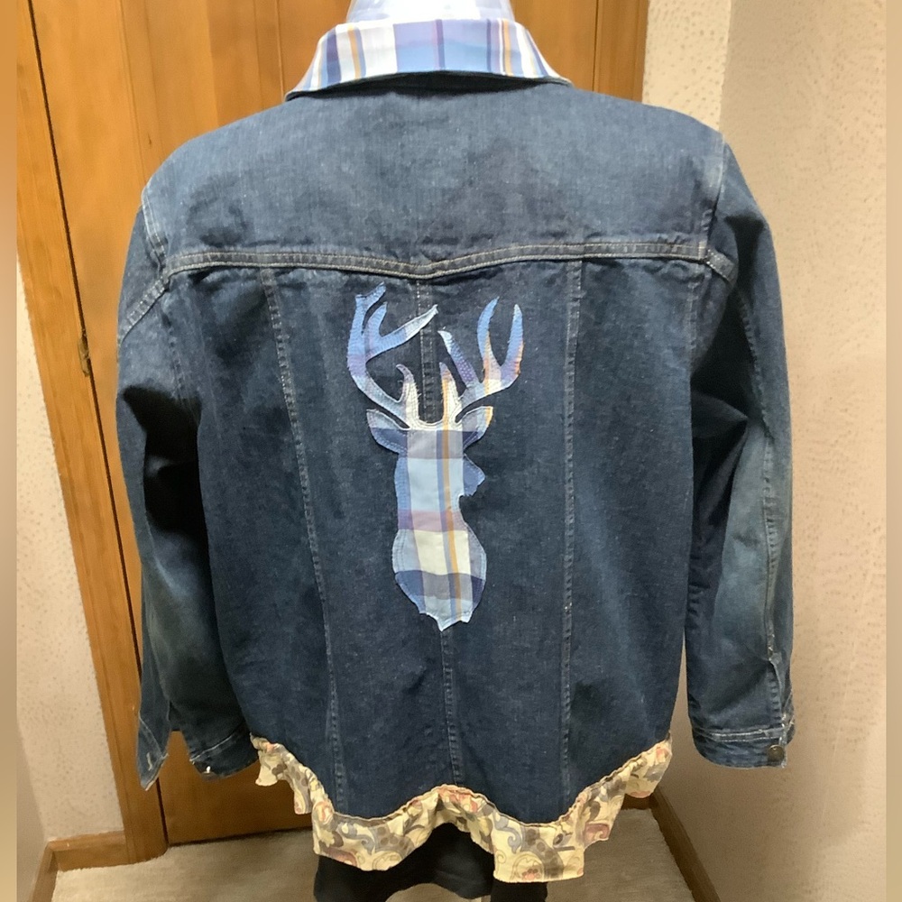 CJ Banks Blue Jean Jacket with Plaid Deer Accent